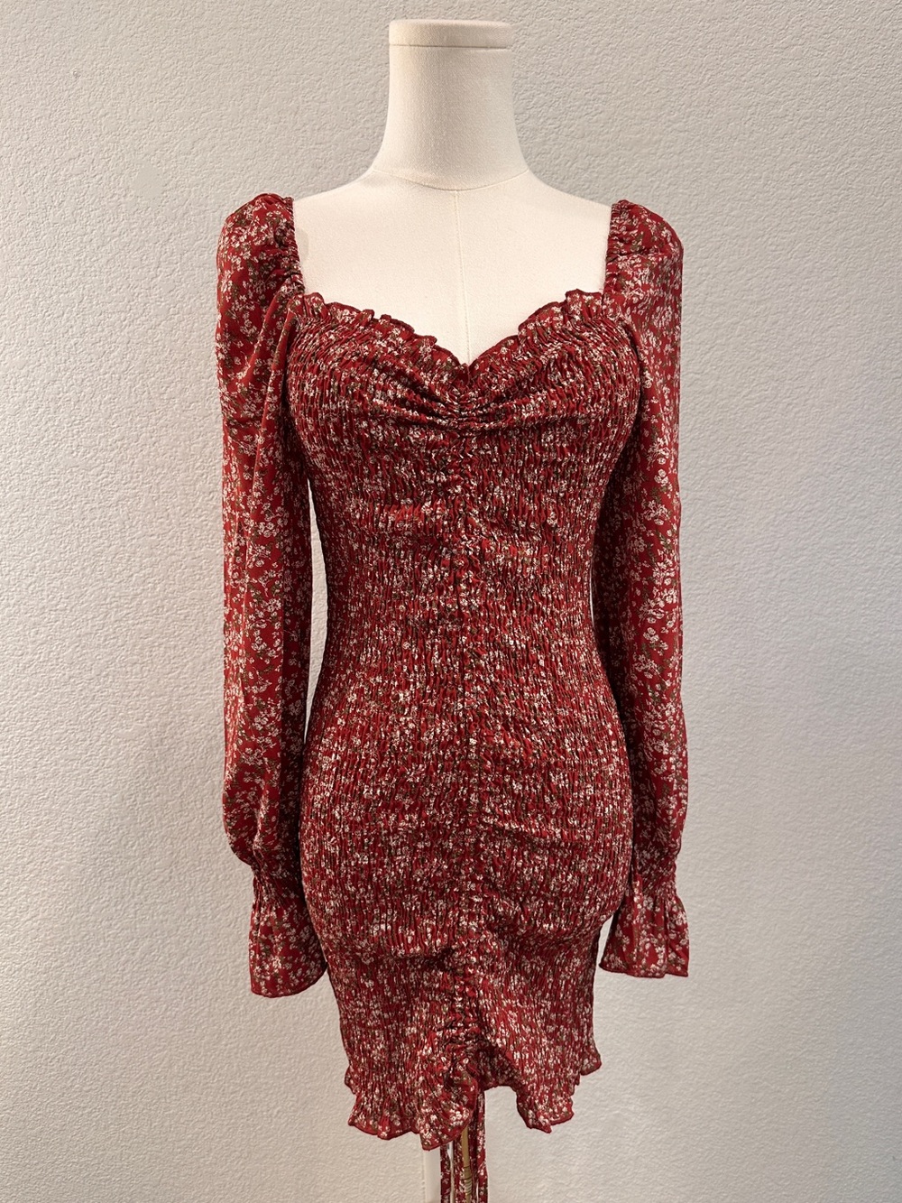 Papermoon Red Floral Smocked Long-Sleeve Mini Dress I Women’s Large